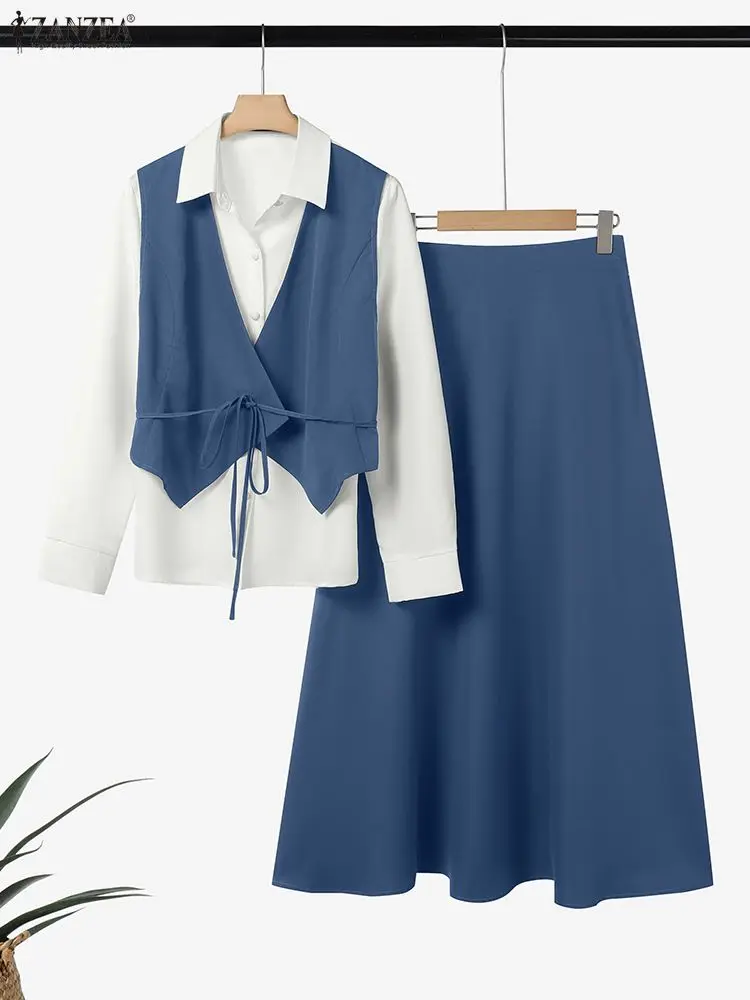 ZANZEA Women Autumn 2 Piece Outfits Long Sleeve Patchwork Shirts and Long Skirts Fashion Dress Sets 2025 Elegant Office OL 2pcs