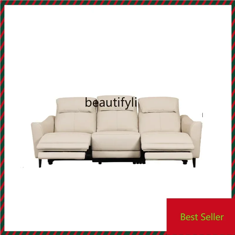 

KK32 Functional Electric Leather Sofa Cream Style Living Room Retractable Sofa Light Luxury Leather Sofa