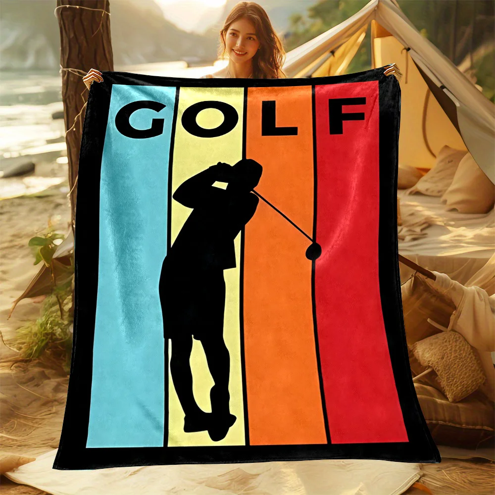 Vintage Golfer Swing Posture Color Block Pattern Flannel Fleece Blanket Warm Plush Bed Throw for Living Room Office Travel