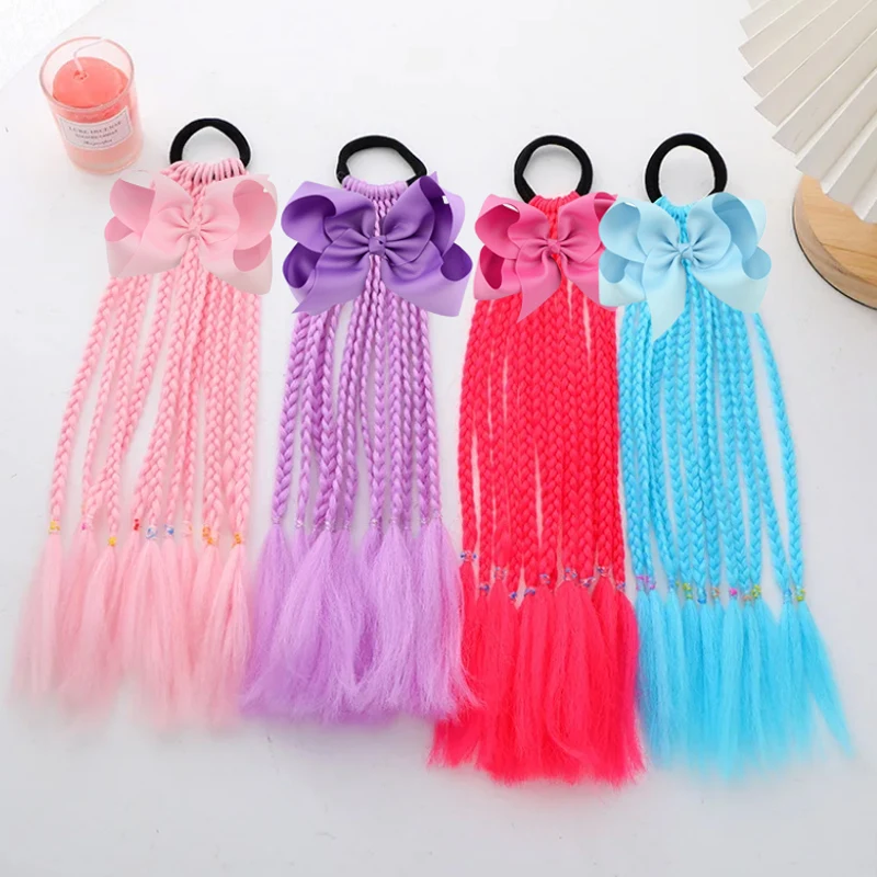 

1pcs Dirty 12 Strands Braided Ponytail Extensions with Elastic Band hair bows 13.5inch Pure Colors Braid Hairpiece for Girl