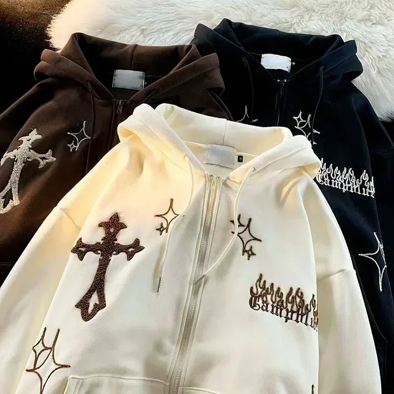 Sudadera con bordado Harajuku para mujer, sudaderas con cremallera de gran tamaño, ropa de calle gótica de Hip Hop con capucha, Sudadera con capucha