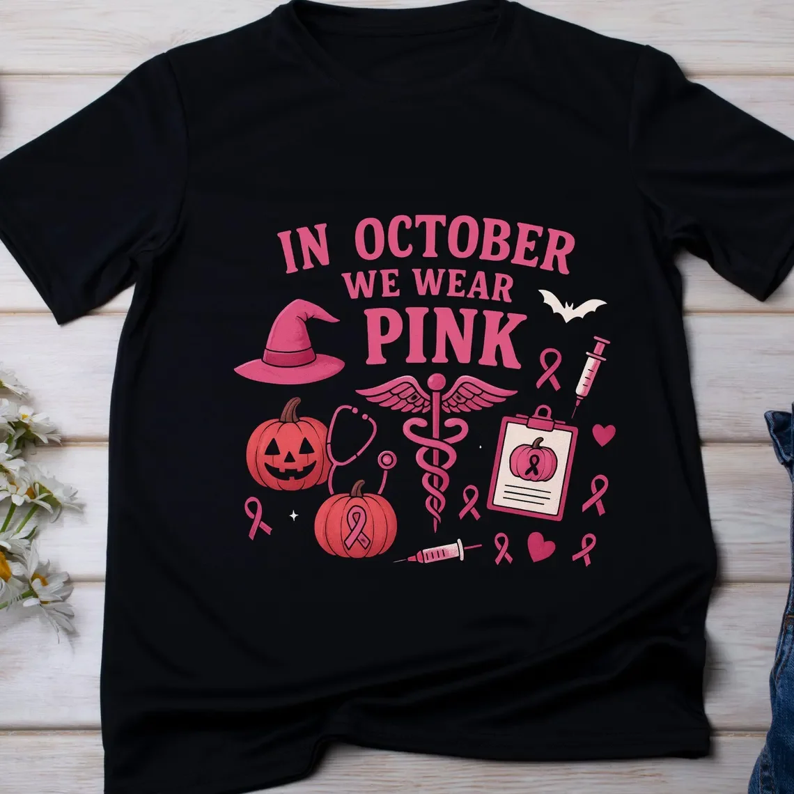 في أكتوبر نرتدي تي شيرت نسائي وردي مطبوع تي شيرت للتوعية بسرطان الثدي تي شيرت غير رسمي برقبة دائرية ملابس هيب هوب بأكمام قصيرة