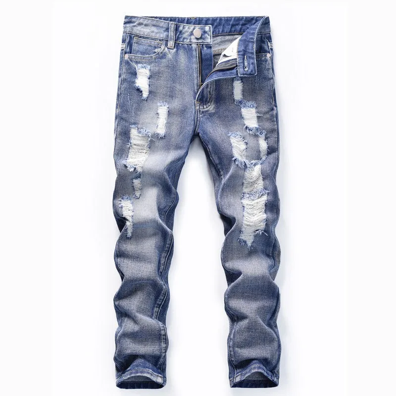 

New spring and autumn fashion trendy boys' denim jeans with rips, suitable for older children, casual long pants