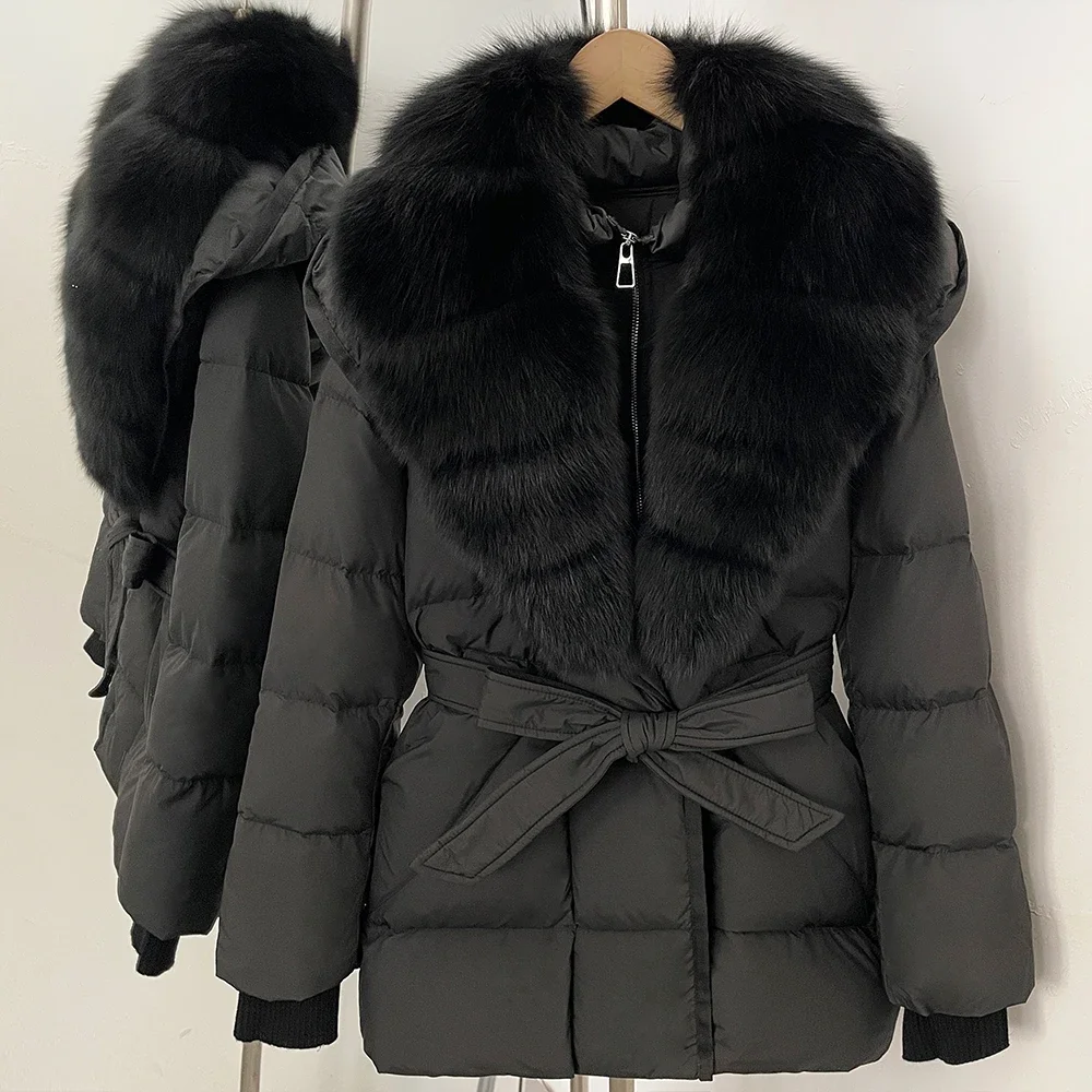 OFTBUY Große Jacke mit Kapuze und natürlichem Pelzkragen, mit echtem Fell, dicker Gürtel, Reißverschluss, Daunenjacke, Damen-Wintermantel – Detail 10