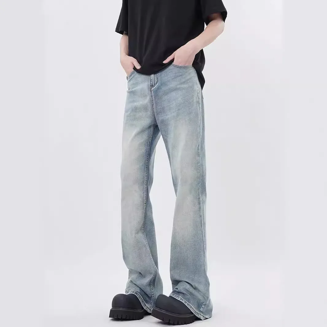 American High Street Washed Distressed Jeans Men Light Blue Slim Straight Micro Flare Casual Denim Trousers