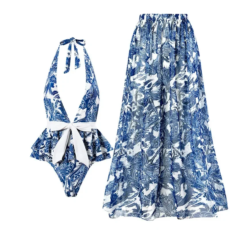 Luxury Elegant Dragonfly Print Bikini Sets Swimsuit & Skirt One Piece Swimwear Women Female Cover Up Brazilian Bathing Suit