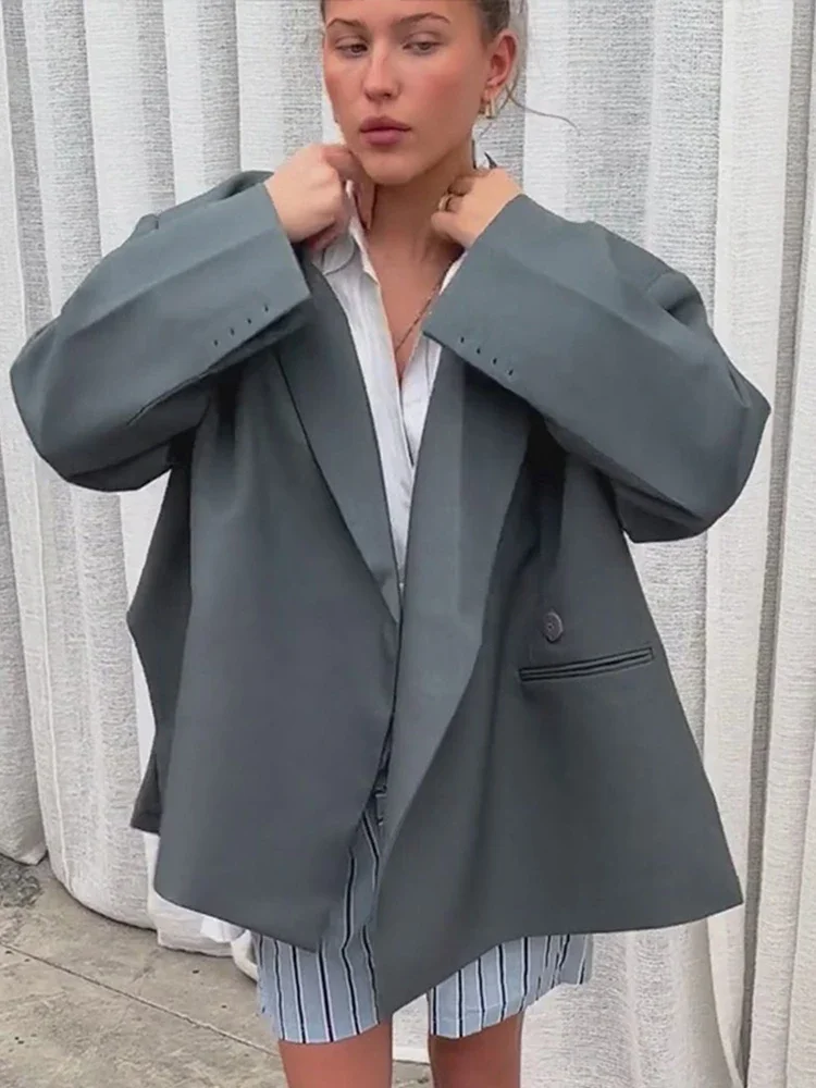 ฤดูใบไม้ผลิเสื้อสูทผู้หญิงลําลองหลวมแขนยาวปุ่ม Office Lady Coat ใหม่ Chic แยกขนาดใหญ่ Blazer