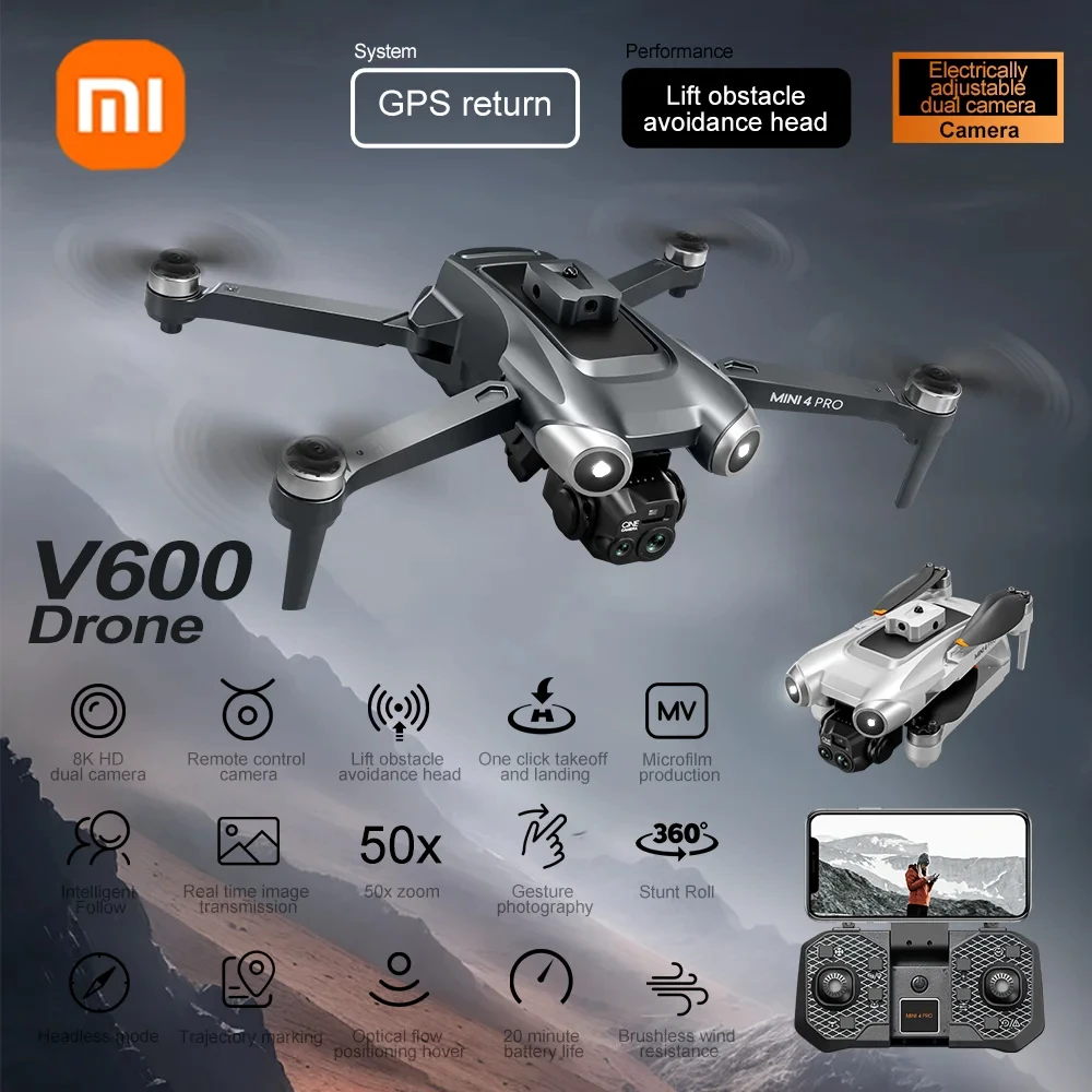 Xiaomi Drone V600 Mini Professional 8K HD Dual Cameras UAV 4 Pro Max Optical Flow Positioning Avoidance WIFI Quadcopter Toys