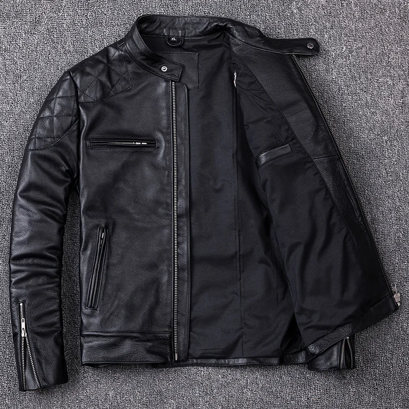 

100% 5XL Plus Size Cowhide Jacket Men Autumn Real Leather Motorcycle Biker Mens Jackets Stand Collar Short Genuine Leather Coat