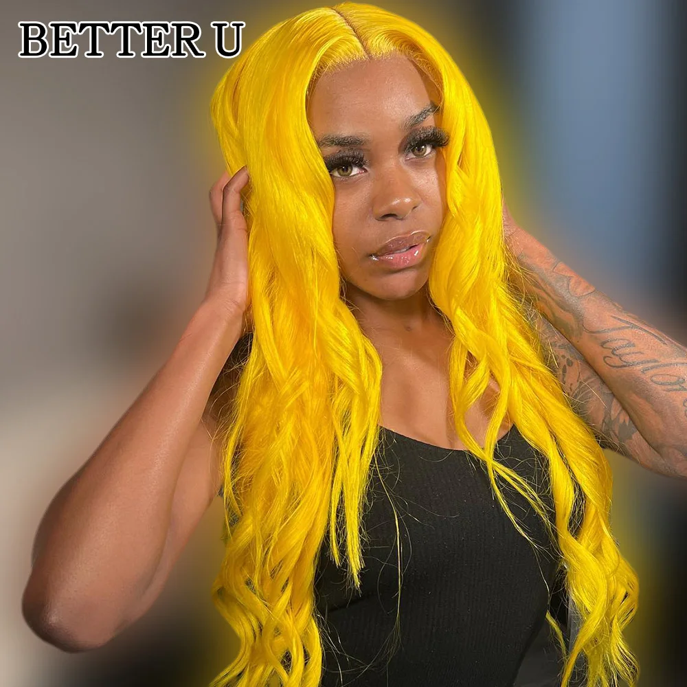 Yellow 13X6 Lace Front Pre-Stretched Wig Transparent Lace Front Wig 13x4 High Gloss Wig 250 Density  Human Hair Body Wave