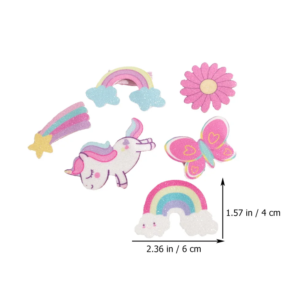 6개 반짝이 머리핀 유니콘 만화 사이드 클립 헤어핀 파티용 헤어 액세서리