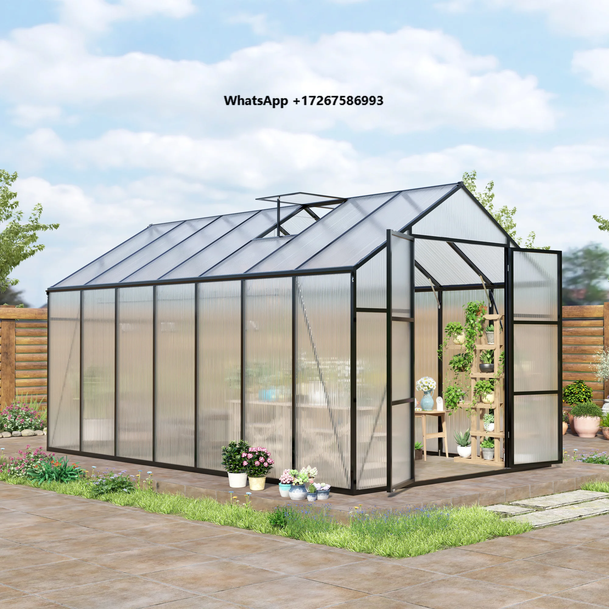 8*14ft Polycarbonate Greenhouse with Stronger Wind Protection and Roof Vent,Walk-in Large Aluminum Sunroom