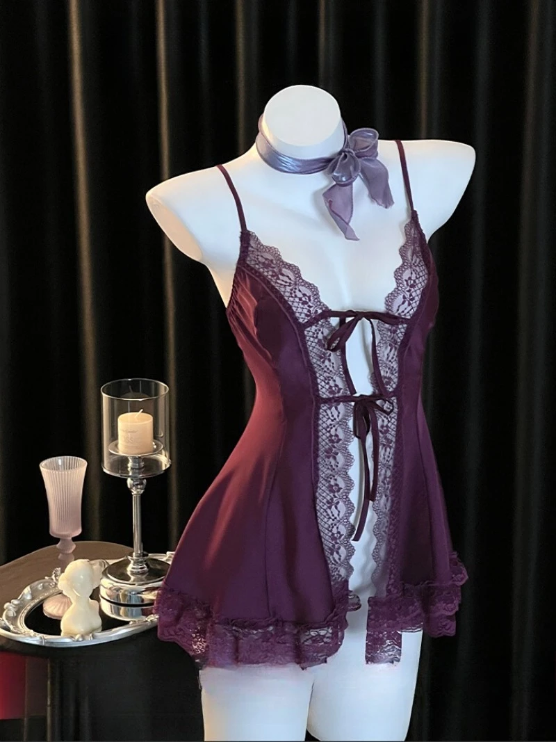 

French Style Lace Split-tie Nightgown for Women,Pure and Sensual Ice Silk Pajama,Elegant and Alluring Design,Perfect for
