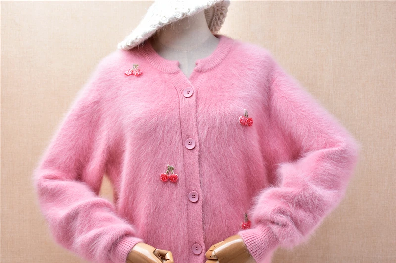 Ladies Women Autumn Winter Fashion Cherry Beading Hairy Angora Rabbit Hair Knitted Long Sleeves Loose Cardigans Sweater Jacket