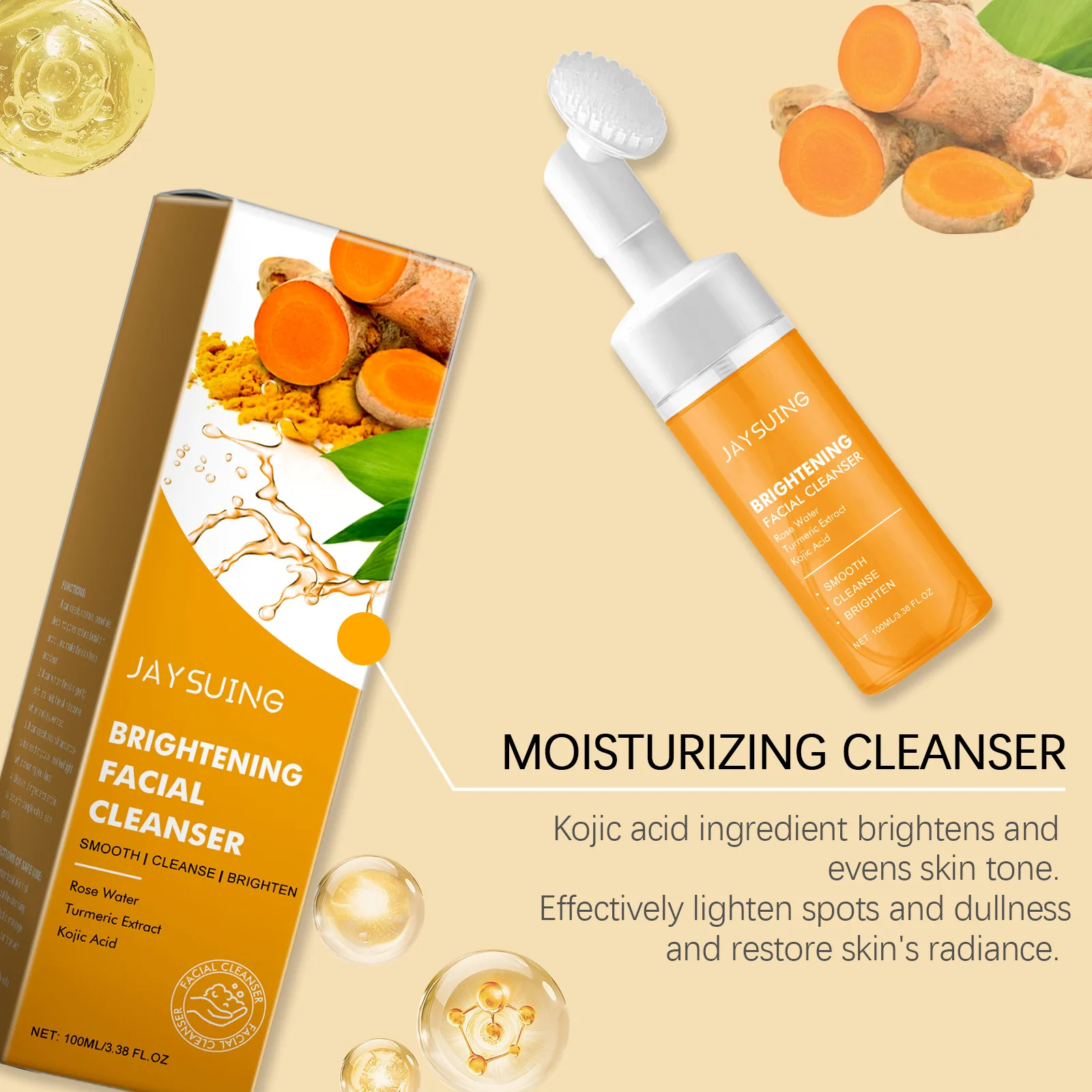 JAYSUING Turmeric Facial Cleanser Removing Blackheads Exfoliate Shrink Pores Improve Roughness Oil Control Foam Facial Cleanser