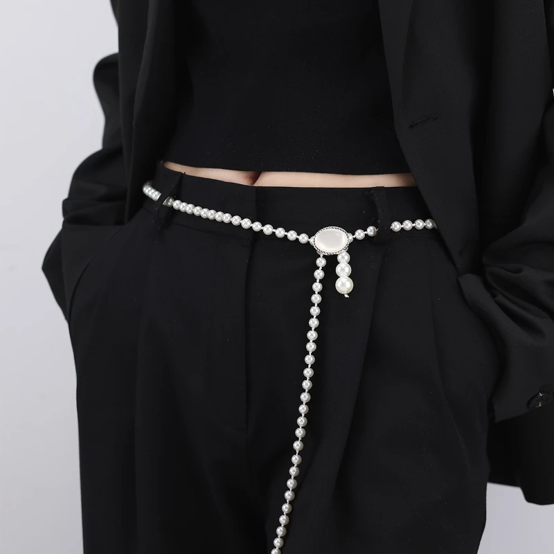 

Elegant Pearl Women's White Waist Chain Long Belt Adjustable Elastic Strap for Dresses Skinny Waistband Decorative Jewelry 120cm