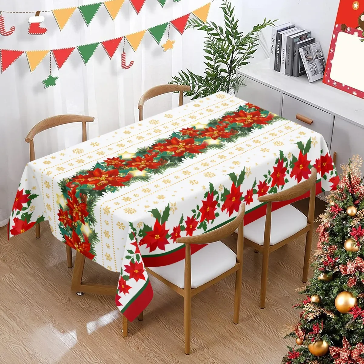 Christmas Tablecloth Holly Xmas Flower Table Cover Christmas Decorations for Home Deco 2024 Navidad Noel Gift Dining Table Decor