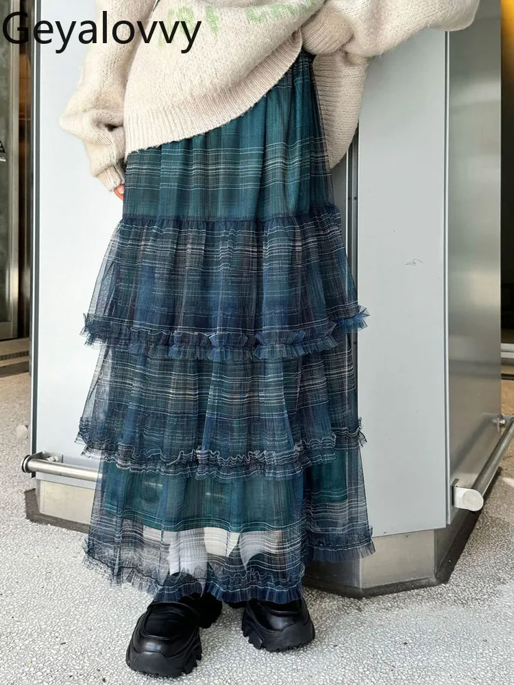 

New Summer and Autumn Tulle Plaid Long Skirt Sweet Girl Versatile Fungus Edge Layerlotus Leaf Edge High Waist Skirts for Woman