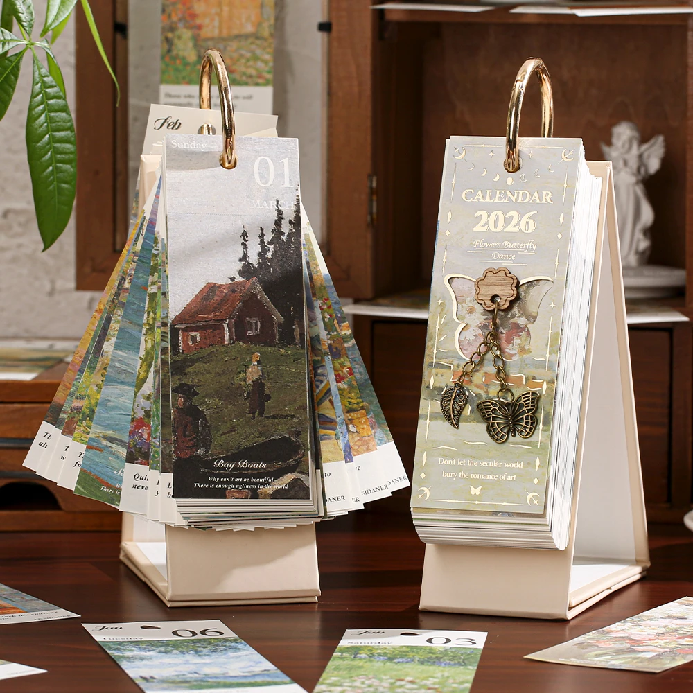 

Настольный календарь на 2026 год с переплетом золотого кольца — 365-дневная винтажная картина маслом и вдохновляющая односторонняя страница, ежедневник с цитатами