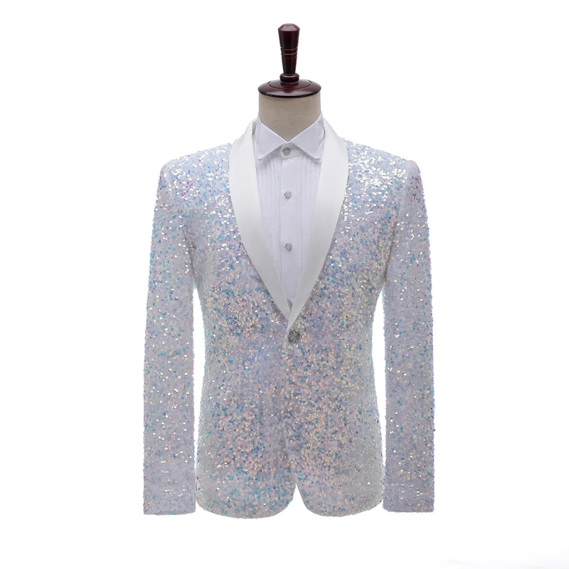 Luxury suit sequined jacket in blue, white, green, jacket with shiny shawl lapel，single blazer，for stage graduation dress