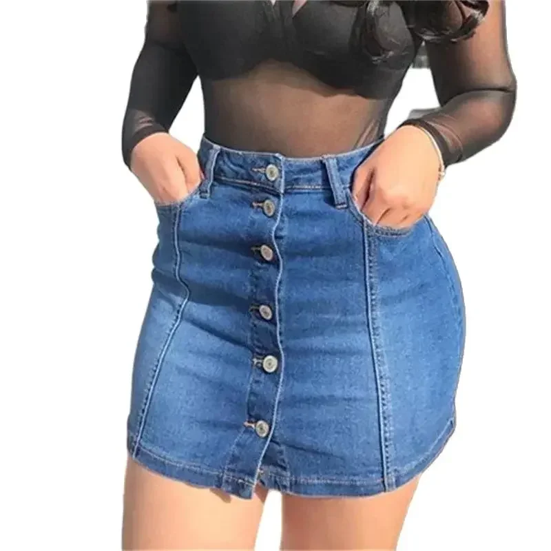 

2024 Summer Slim Wrap Hip Denim Skirt Women Single-breasted Splicing Half-body Dress Female Fashion Office Commuter Casual Wear