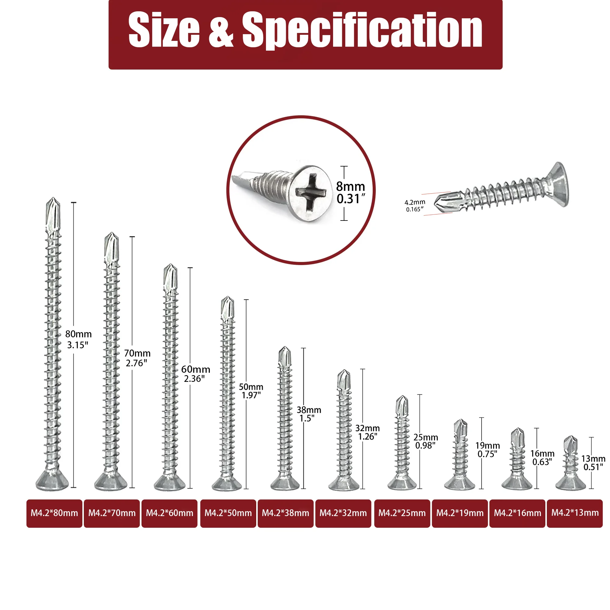 50PCS #8 M4.2 410 Sheet Metal Self-Tapping Screws Metal Galvanization Flat Head High-Strength Quick Self-Drilling Screws