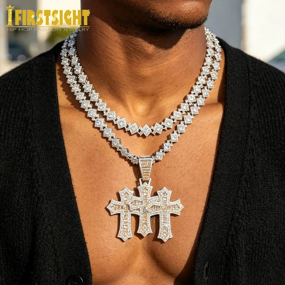 Iced Out Three Cross Pendant Necklace For Women Men Two Tone