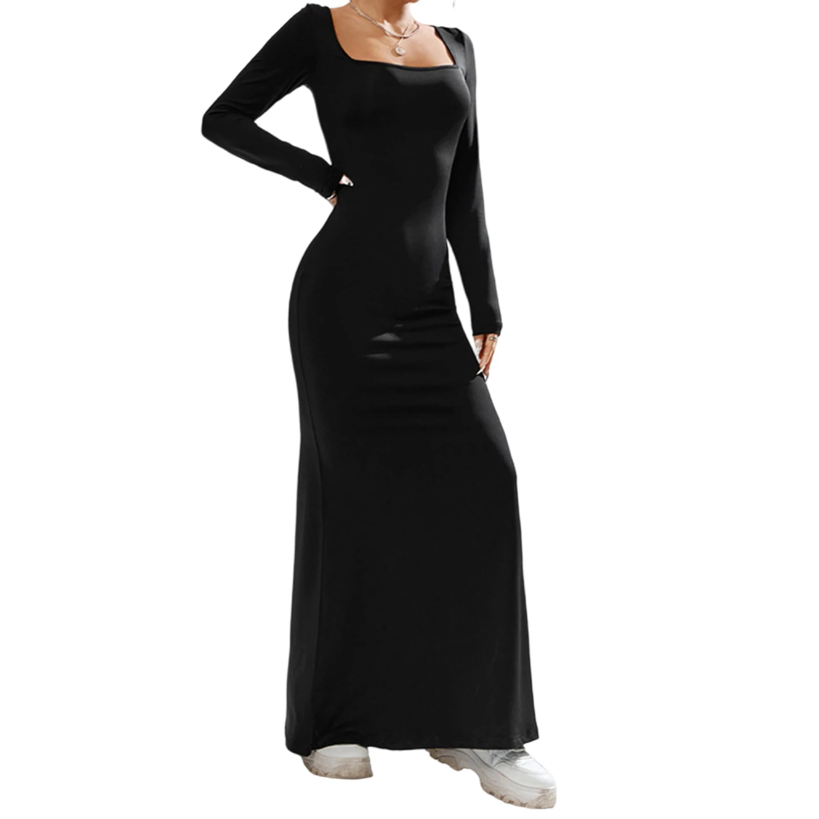 Damska dopasowana sukienka dzianinowa z długim rękawem, kwadratowy dekolt, jednolity kolor, eleganckie sukienki koktajlowe, odzież klubowa