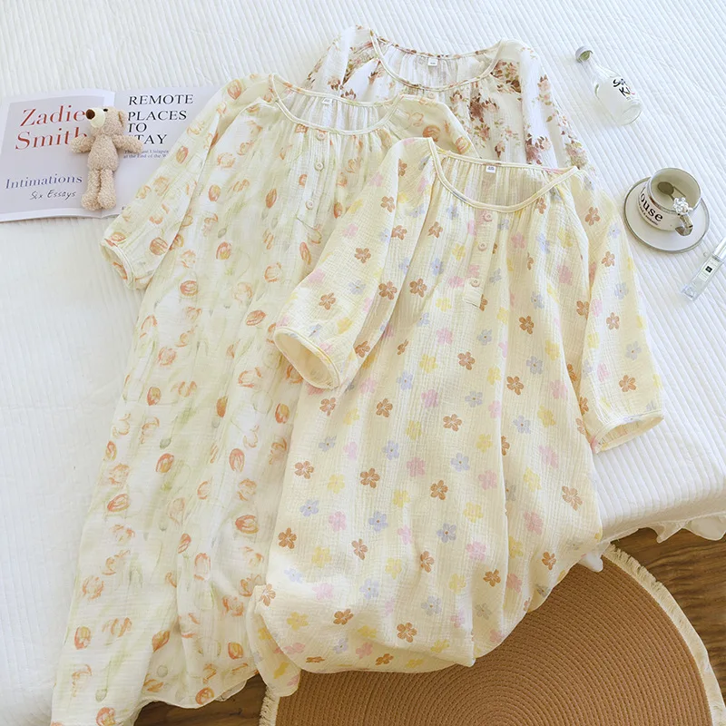 

Новинка 2026, женская весенне-летняя юбка для сна, 100% хлопок, креповая ткань, юбка с круглым вырезом и пятью рукавами, свободное милое домашнее платье