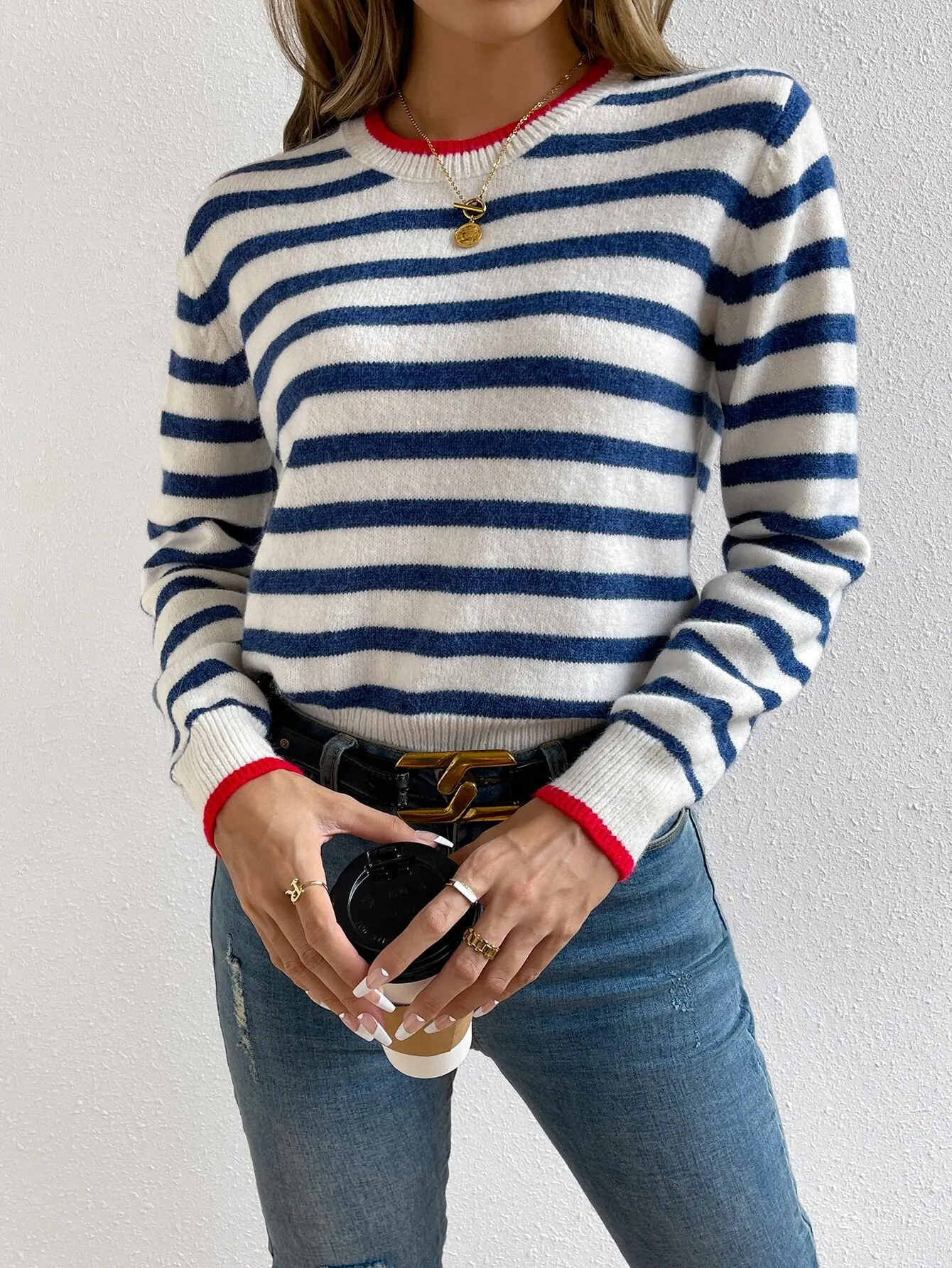 

Navy and Cream Striped Knit Pullover with Red Contrast Trim