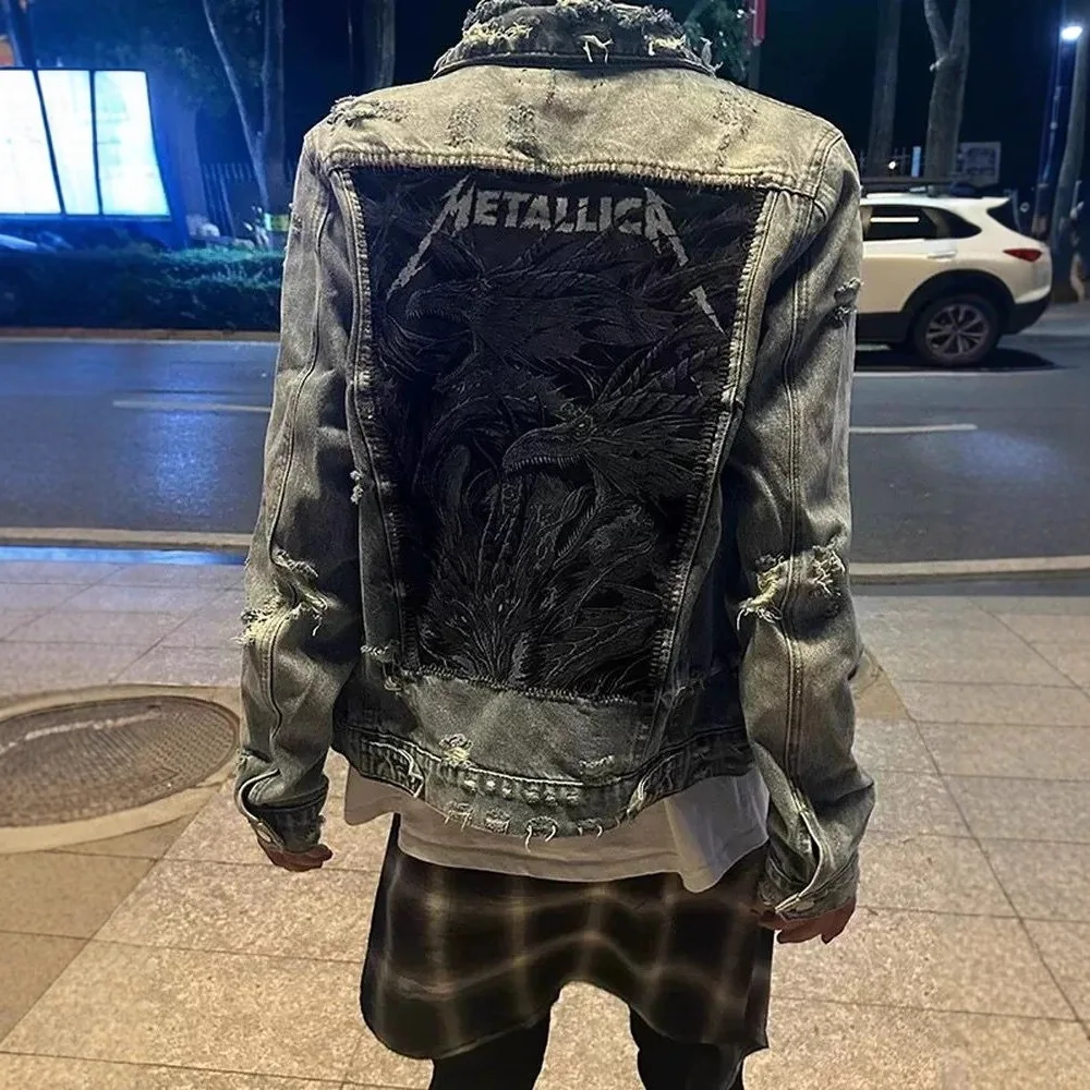 

Street-style Ripped Denim Jacket For Men Trendy Brand Ins-style Loose Fit Casual Jacket With Dragon Head Print