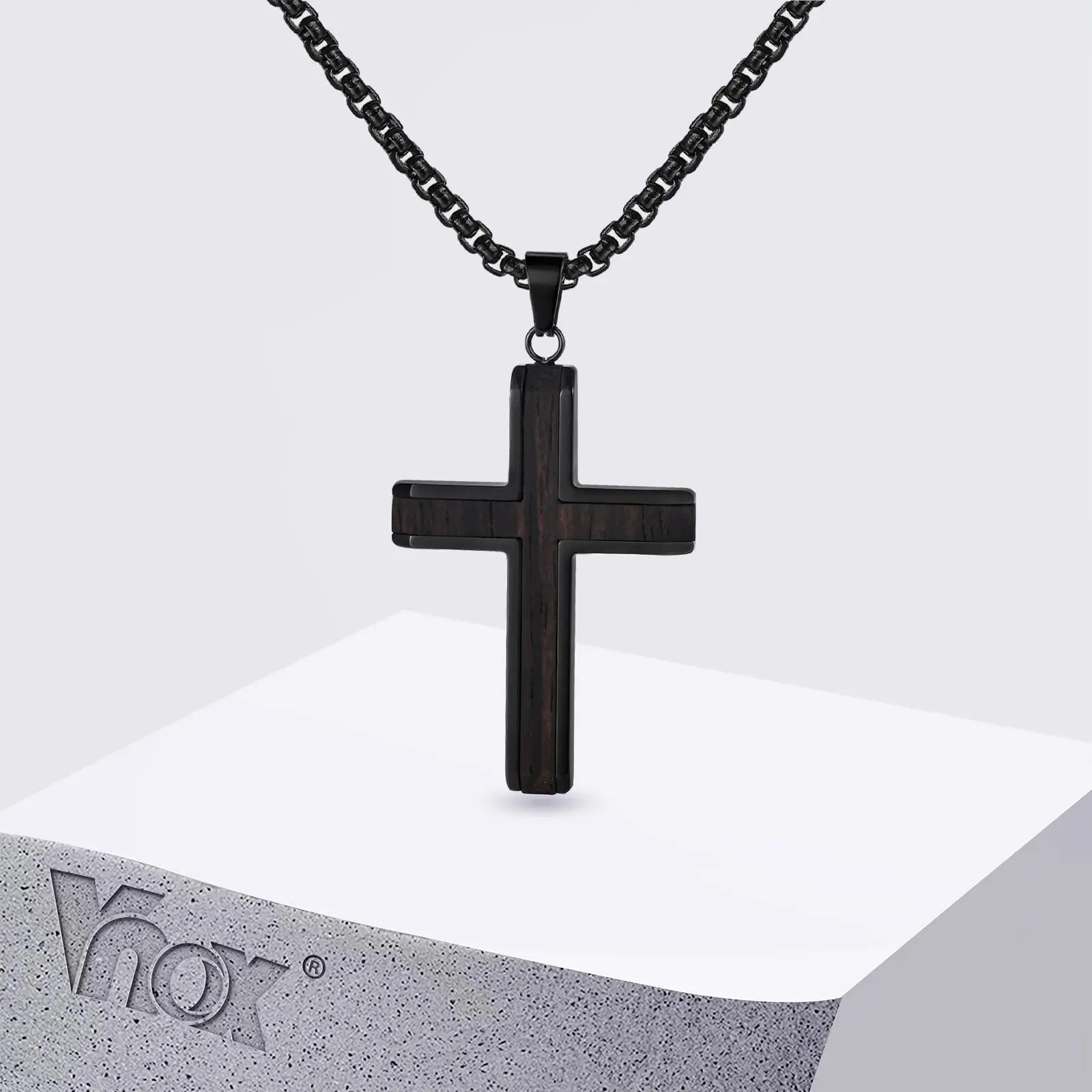 

Vnox Black Wood Faith Cross Pendant Necklace for Men, 46*30mm Stainless Steel Box Chain Necklaces, Religious Jewelry Gifts