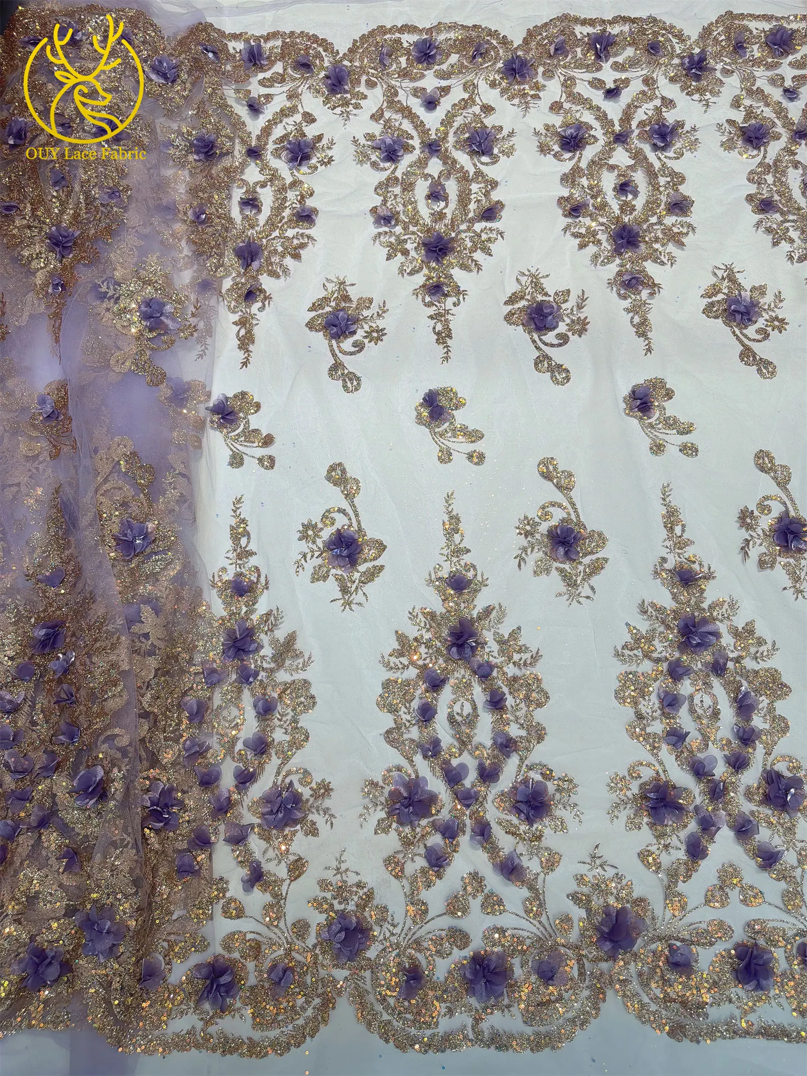 Neuer Stil Afrikanischer 3D-Applikations-Spitzenstoff 2026 Nigerianischer Glitzer-Pailletten-Spitzenstoff für Abschlussball- und Hochzeitskleider zum Nähen, 5 Yards – Detail 7