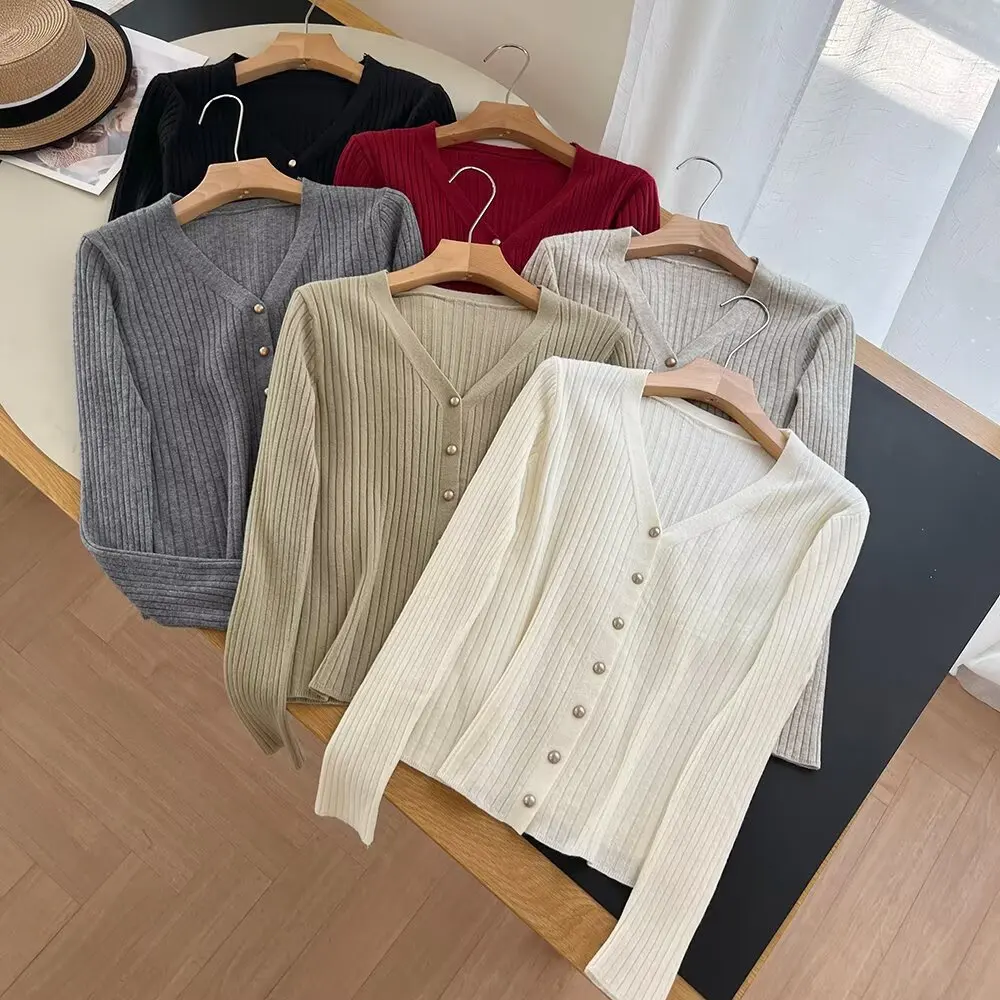 

Шикарный маленький золотой боб на пуговицах Long Sve V-Ne Утягивающий трикотажный кардиган Топ Ранняя осень Новый Sle Commute Regular Sve L...