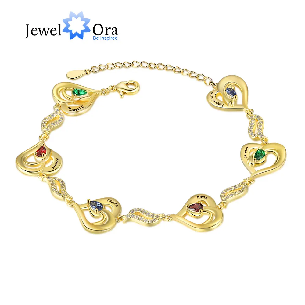 Customized 3-6 Birthstones Heart Gold Bracelets with Zircon Personalized Name Engraved Bracelet Mothers Day Gift For Mum