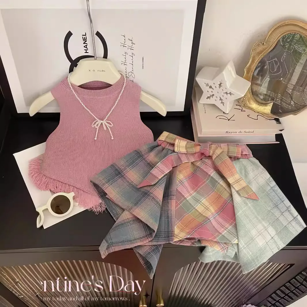 

Girls Clothing Summer 2025 New Children Trendy Dopamine Suit Girls Solid Sleeveless Vest Skirt Two Piece Set Summer Outfit