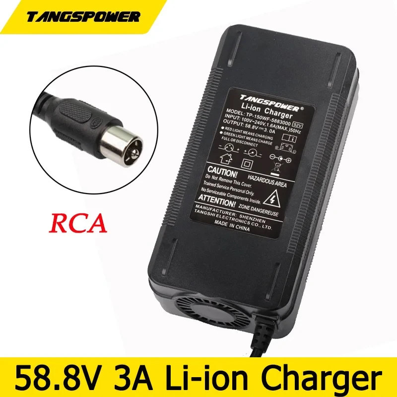 

58.8V 3A Electric Bicycle Lithium Battery Charger For 14S 52V E-Scooter E-bike Li-ion Battery Pack RCA Connector High Quality