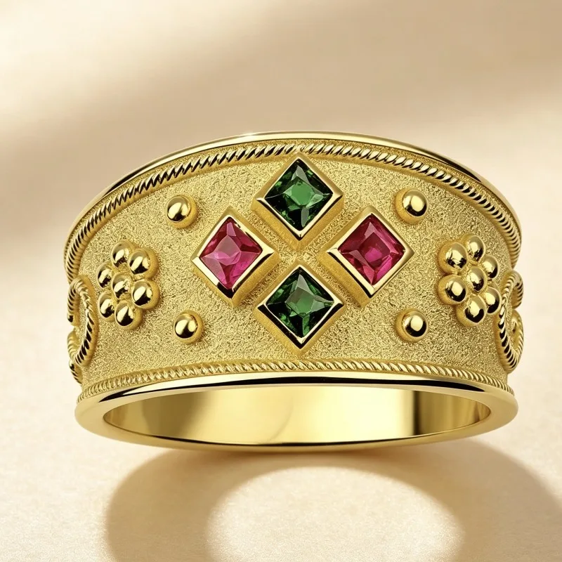 Huajie Gorgeous Personality Gold Tone Mens Rings Colorful Zircon Twists Retro Court Style Fashion Charms Jewelry Accessories