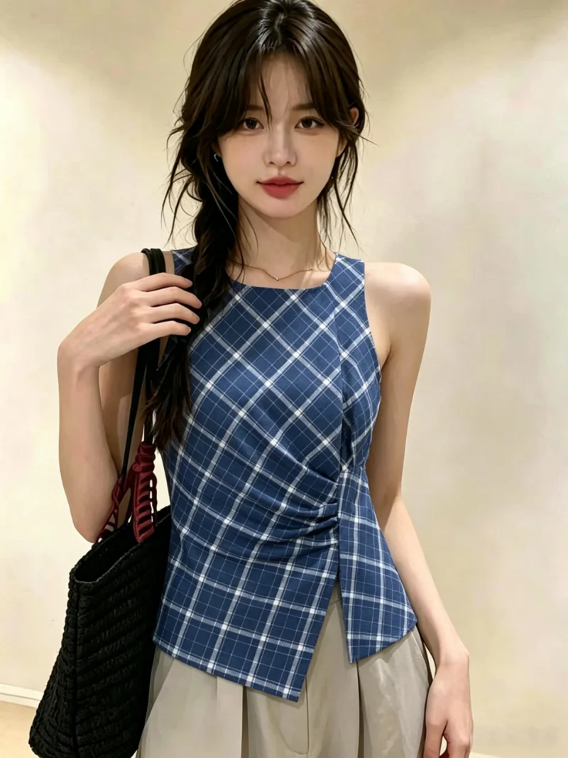 

Blue Plaid Crop Top Women's Summer Sleeveless Waist-Cinched Vest Self-Purchase Option Korean Style Slim Fit round Neck