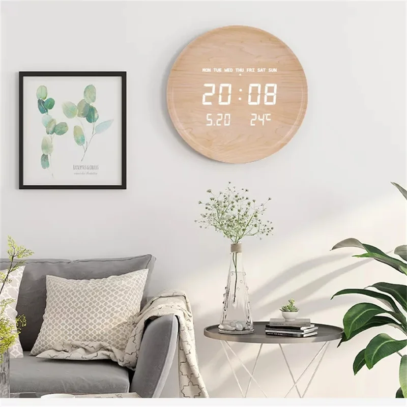 ChuHan rotondo in legno Led Display digitale calendario grande orologio da parete creativo semplice moderno moda domestica orologio luminoso silenzioso