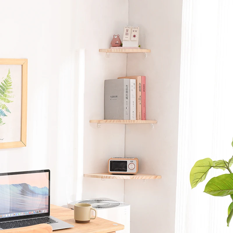 

Corner triangular shelf No punching Wall mounted fan bookshelf Solid wood multi-layer baffle