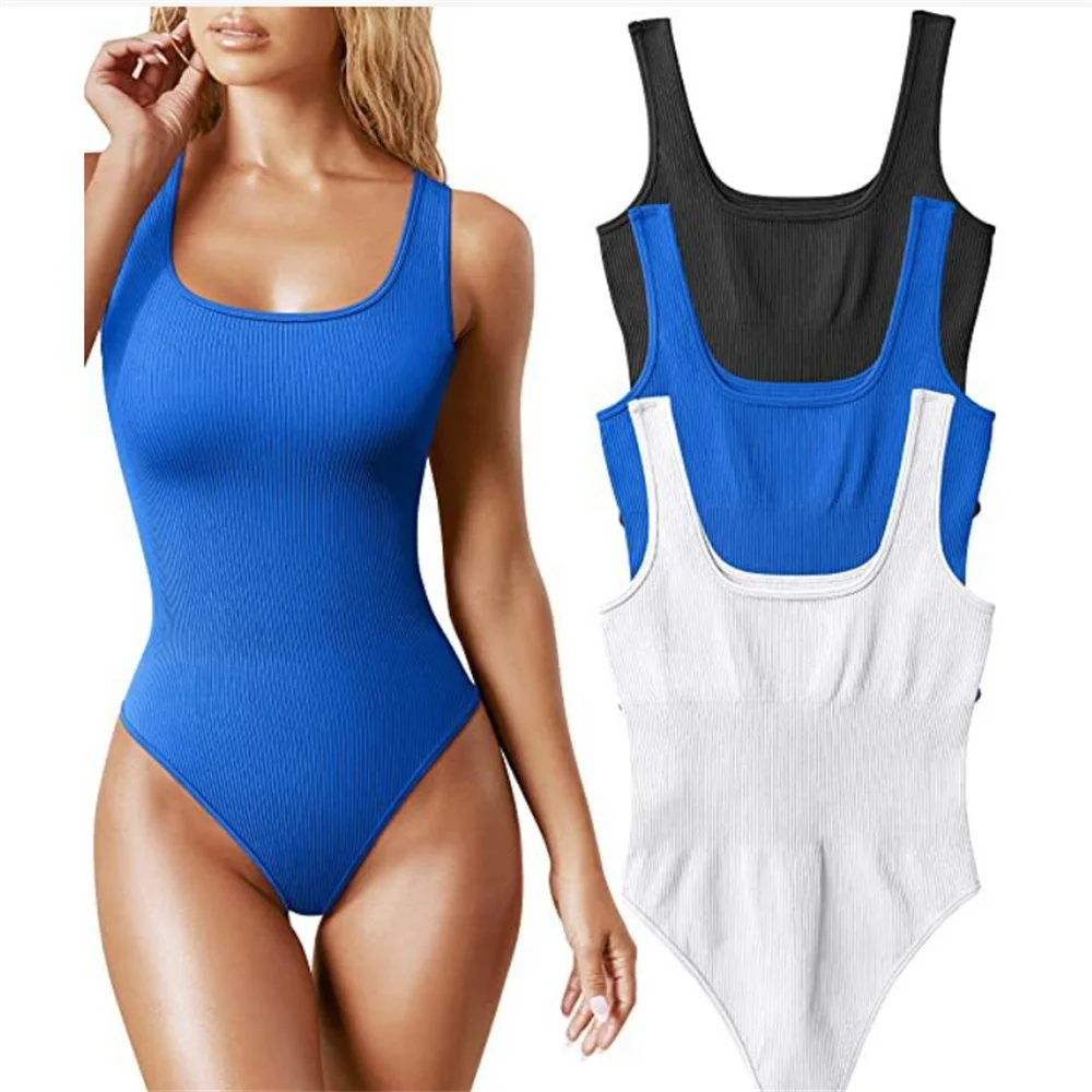 Summer Basic Tank Top Body Suits Solid Color Sexy Crew Neck Racerback Halter Ribbed Sleeveless Bodysuit for Women