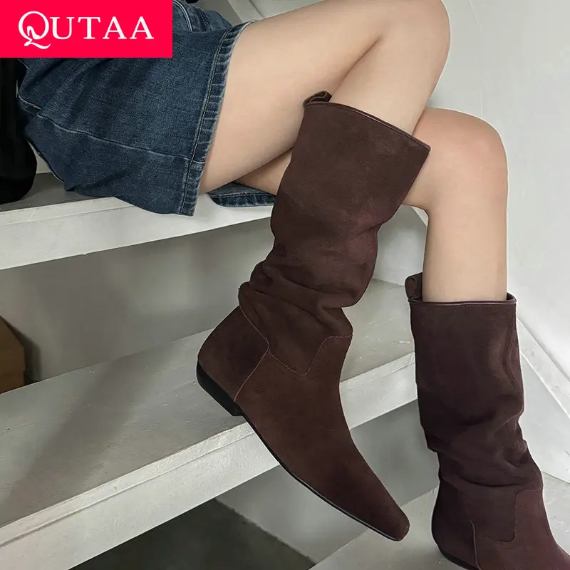 

QUTAA News Fashion Winter Cow Suede Women Knee High Boots Square Toe Woman Shoes Low Heels Dress Autumn Long Boots Size 34-39
