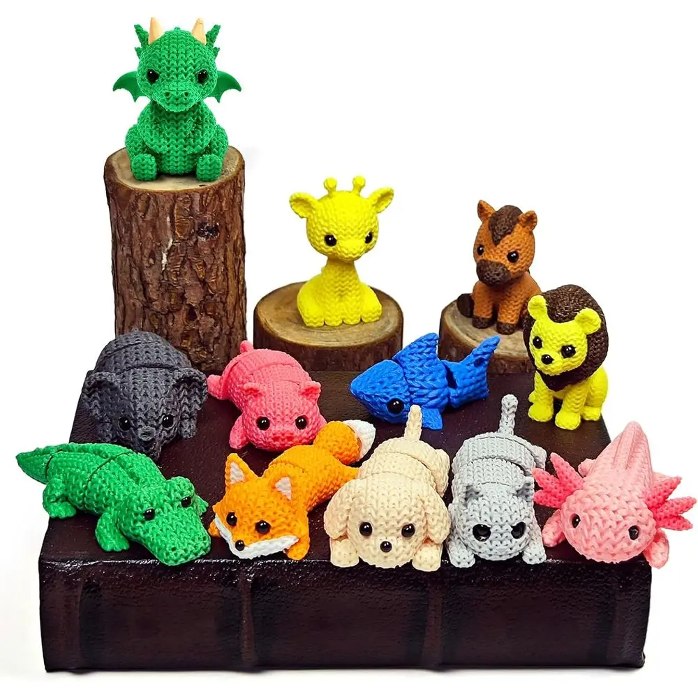 

12 Pack Large Knitted Texture 3D Printed Zoo Animals, Flexible Articulated Safari Animal Figurines Set, Faux Crochet Animals Dra