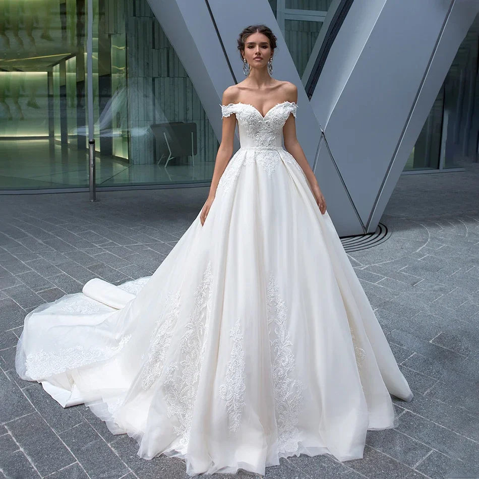 

2024 Off The Shoulder Wedding dress Tulle With Embroidery Robe MariéE Satin Sweetheart Sleeveless Bride Zipper Customized