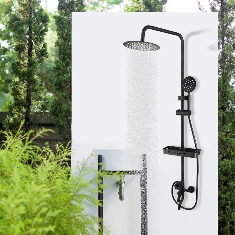 

Matte Black Exposed Shower System 8 Inch Rainfall Shower Head 3 Functions Wall Mounted Outdoor Shower Fixtures Stainless Steel