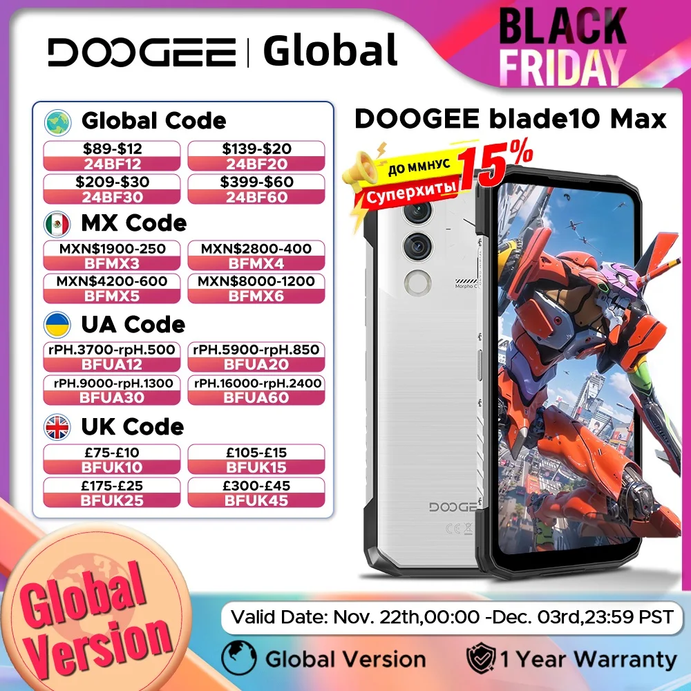 DOOGEE الإصدار العالمي من الهاتف الوعرة، Blade10 Max، 6.56 بوصة، 8 جيجابايت + 256 جيجابايت، كاميرا رئيسية AI 50 ميجابكسل، شاشة خلفية 1.54 بوصة، 10300 مللي أمبير في الساعة، أندرويد