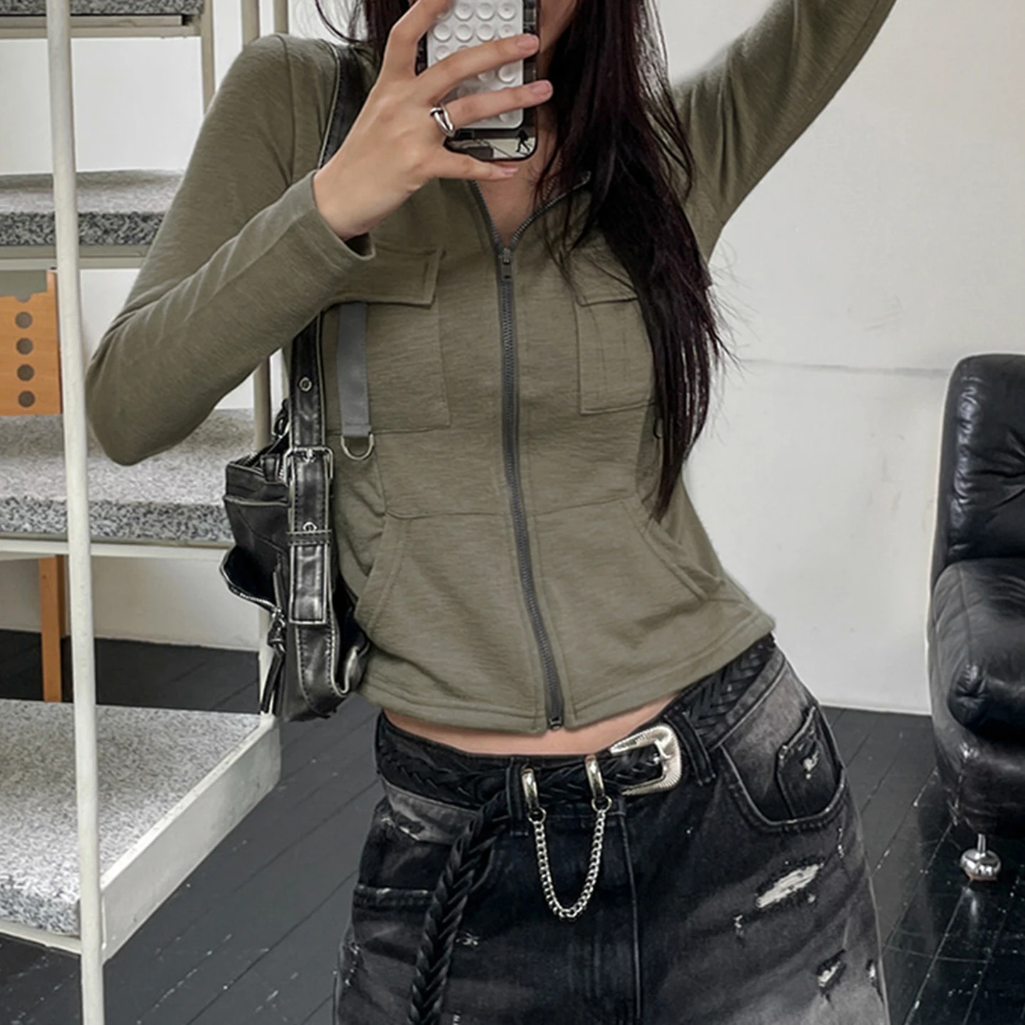 

IAMHOTTY Vintage Pockets Cargo Hoodie Women's Autumn Spring Slim-fit Long Sleeve Top Grunge Zip-up Cardigan Casual Thin Coat New