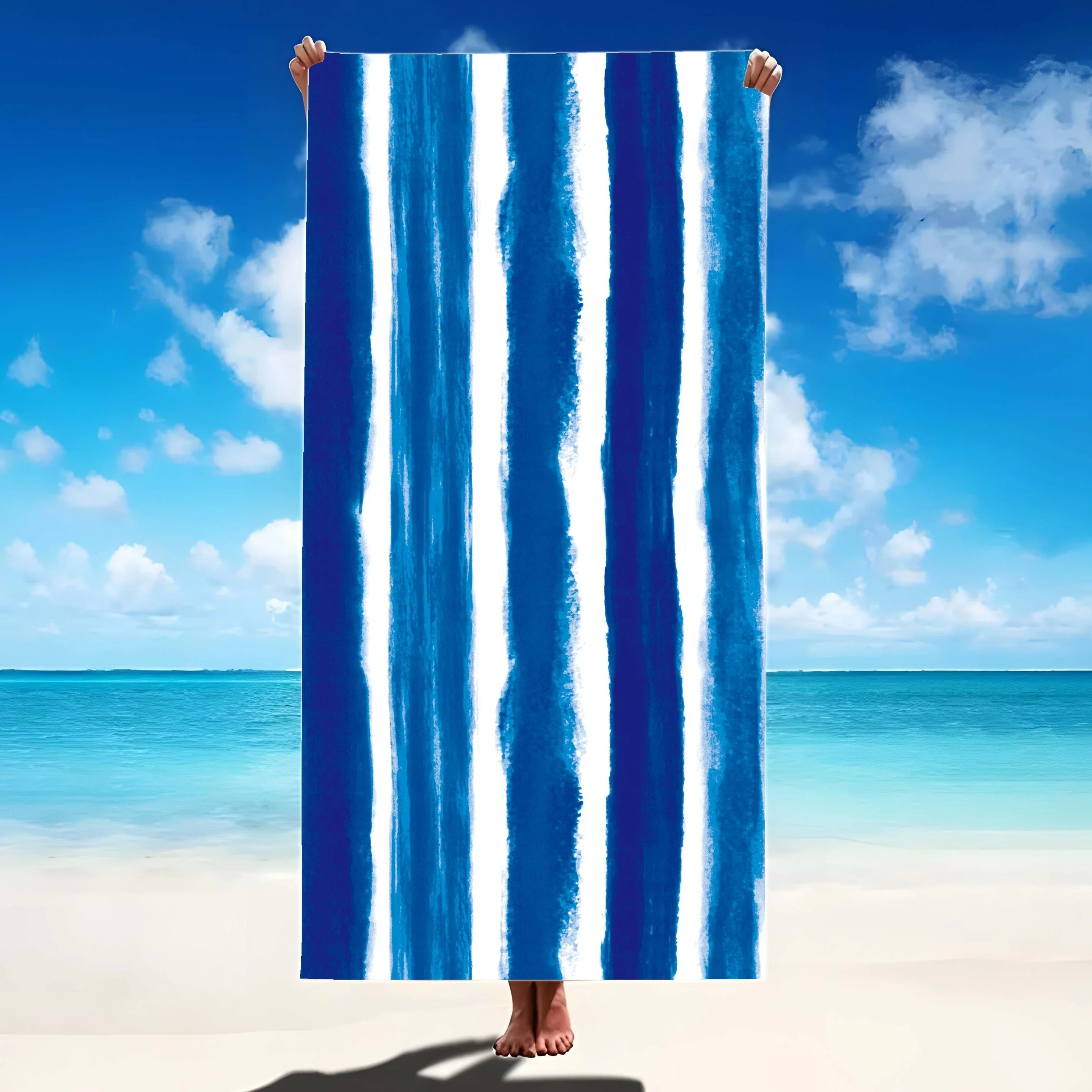 Blue White Stripe Watercolor Print Beach Towel Polyester Soft Quick Dry Large Bath Towel Summer Swimming Pool Surfing Blanket