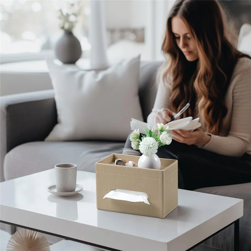 

FAAJ-Plus Size Tissue Box Cover Rectangle, PU Leather Tissue Box Holder With Storage Tray, Organizer Tissue Holder